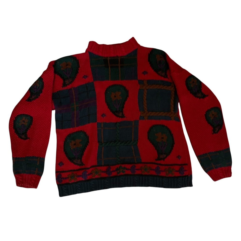Vintage Red Patchwork Paisley Plaid Knit Sweater Mock Neck Ramie Cotton Large